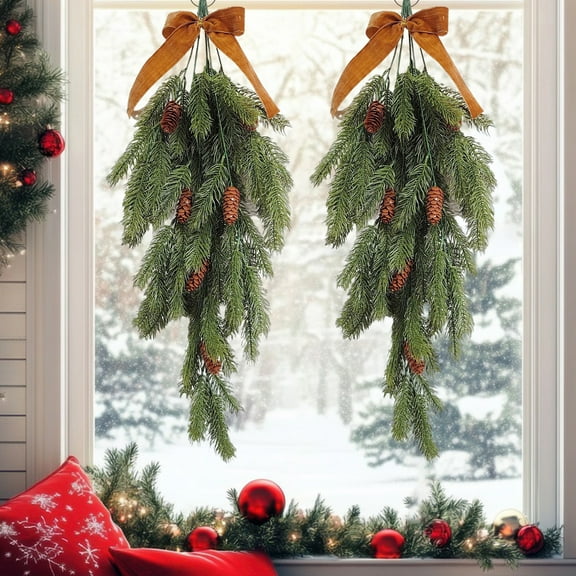 Dserfhy Christmas Teardrop Swag Artificial Norfolk Pine Branch Door Swag with Faux Pine Cones And Bow for Indoor Outdoor Mantel Fireplace Stairway Decor