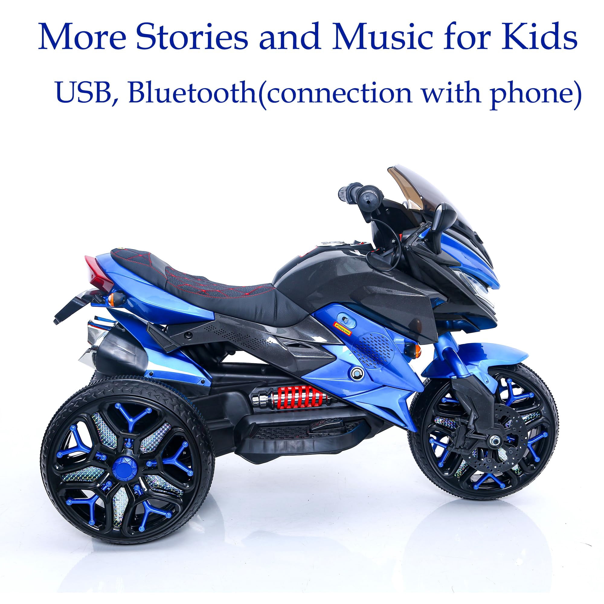 HappyToysWorldKids Electric Motorcycle 3 Wheels, Ride On Toy with App Control & Music, Light-Up Wheels for Boys Girls Ages 3-8, Battery Powered Motorbike with Safety Training Wheels