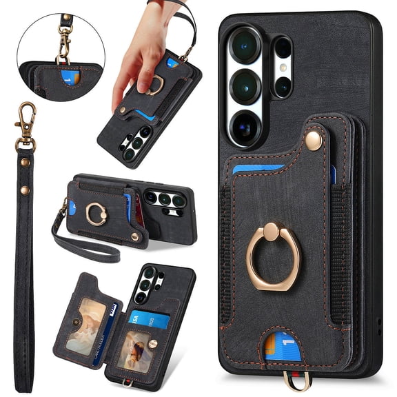 Back Case Compatible with Samsung Galaxy S26 Ultra, Adjustable Ring Holder PU Leather Card Slots Wrist Strap Support Magnetic Car Mount RFID Blocking Phone Case Cover for Galaxy S26 Ultra, Black