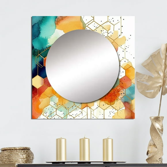 Designart "Chromatic Hexa Mirage I" Abstract Shapes Multi-Color Large Square Mirror - Square Bedroom Mirror Printed Wall Decor - Transitional Square Printed Wall Mirror Art