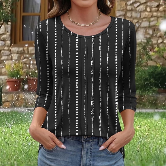 3/4 Length Sleeve Womens Tops Cotton Oversized Crewneck Three Quarter Sleeve T Shirts Summer Casual Striped Print Plus Size Round Neck Loose Comfy Short Sleeve Tee Shirt