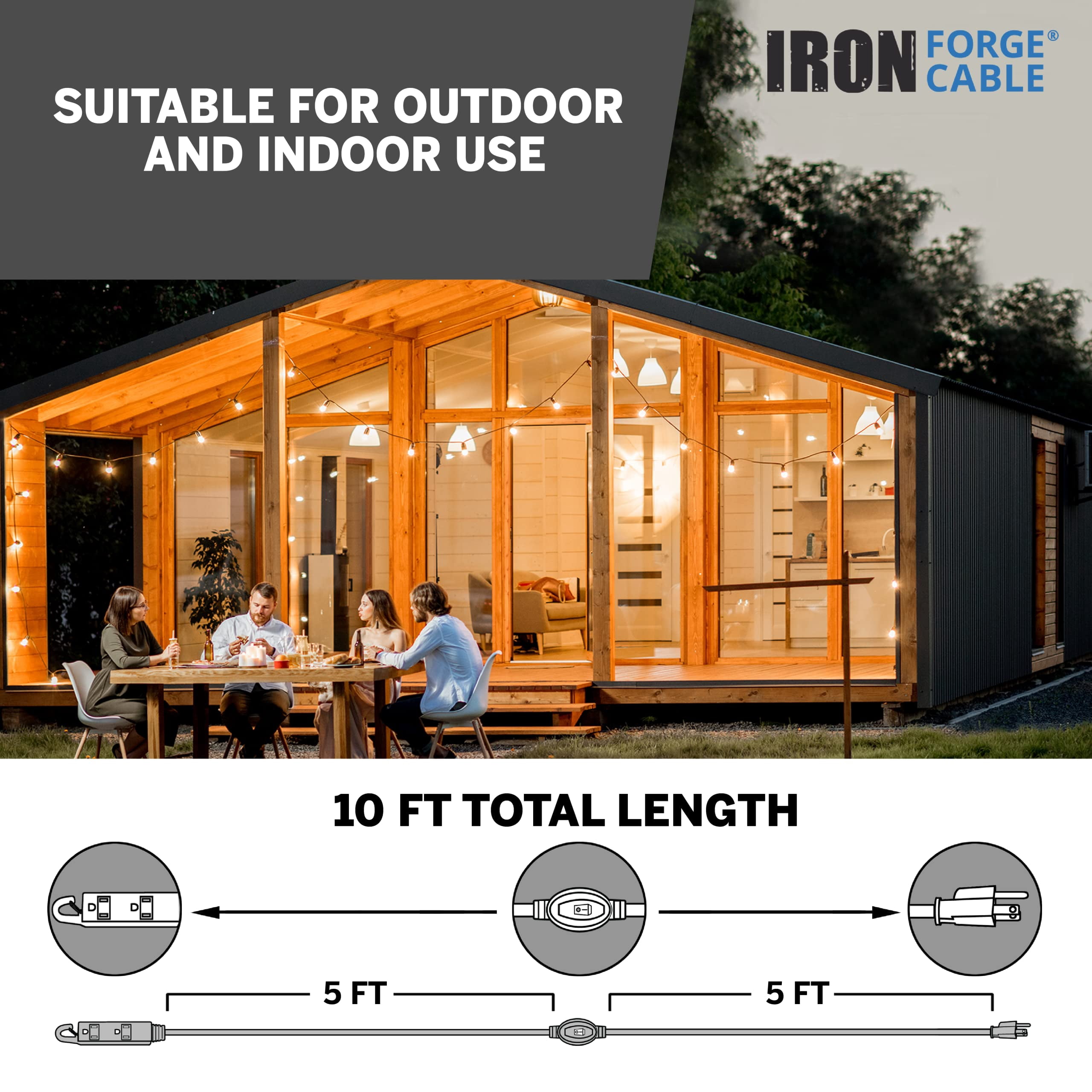 Iron Forge Cable 10 Ft 3 Outlets Black Extension Cord with Inline Switch On/Off, 16/3 SJTW 3 Prong with Hook for Hanging -10 AMP Cord - ETL Listed