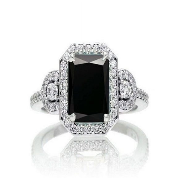 1.5 Carat Emerald Cut Three Stone Black Diamond Halo Diamond Ring in 14k White Gold