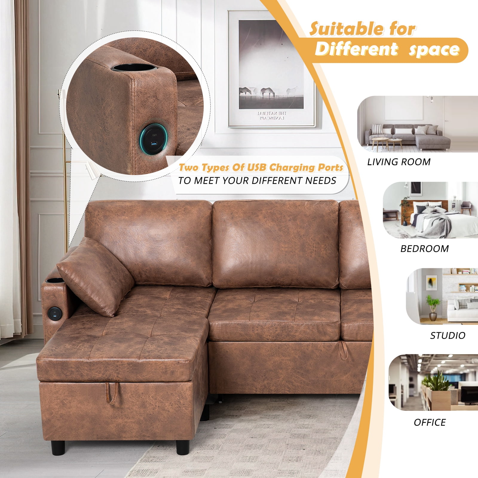 ACMEASE 84" Suede Leather Sectional Sofa w/Adjustable Backrests, Pull Out Sofa Bed w/USB Charger Port& Reversible Storage Chaise,Convertible L-Shaped Sofa with Cup Holders for Living Room,Brown