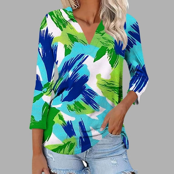 Viluyesy Lapel Collar T-Shirt for Womens 3/4 Sleeves Shirt Tops Lapel Collar Loose Blouse Green Size S