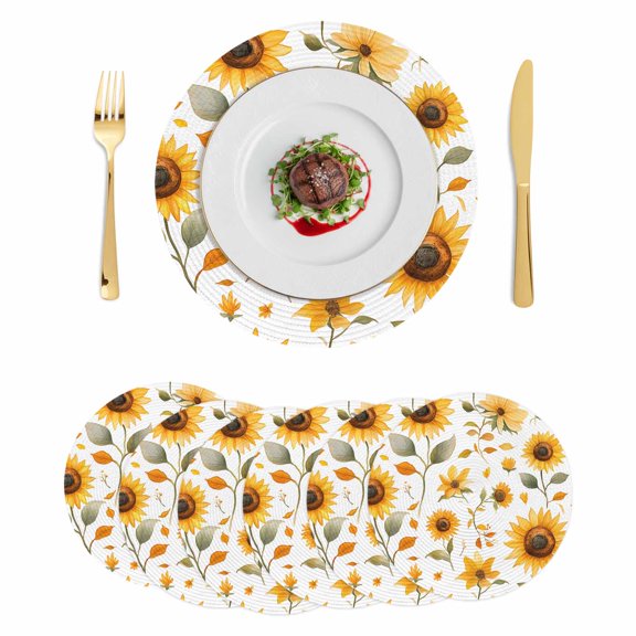 Round Placemats Summer Sunflower 15 inch Set of 6 Table Mats for Dining Table Yellow Flowers Heat Resistant Non-Slip Kitchen & Home Decorative Place Mat Set