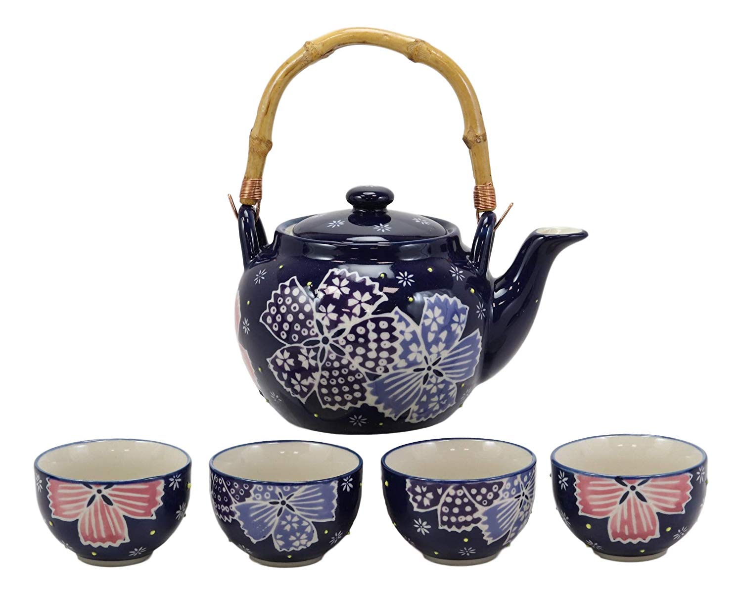 Blue Winter Frost Colorful Large Floral Blooms 25oz Tea Pot With 4 Cups Set - image 2 of 7