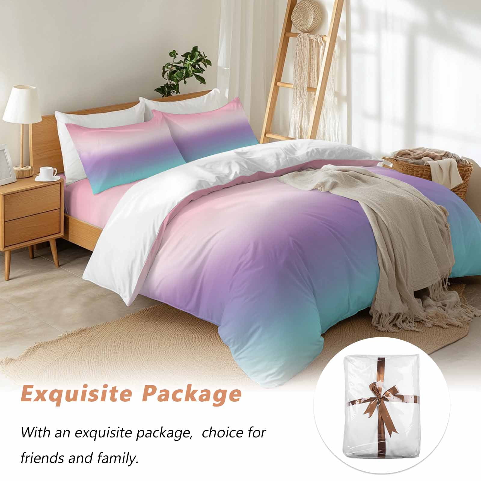 Purple Pink Duvet Cover Set King Size, Teal Gradient 4 Piece Soft Microfiber Bedding Set with 1 Duvet Cover, 1 Flat Sheet, 2 Pillowcases