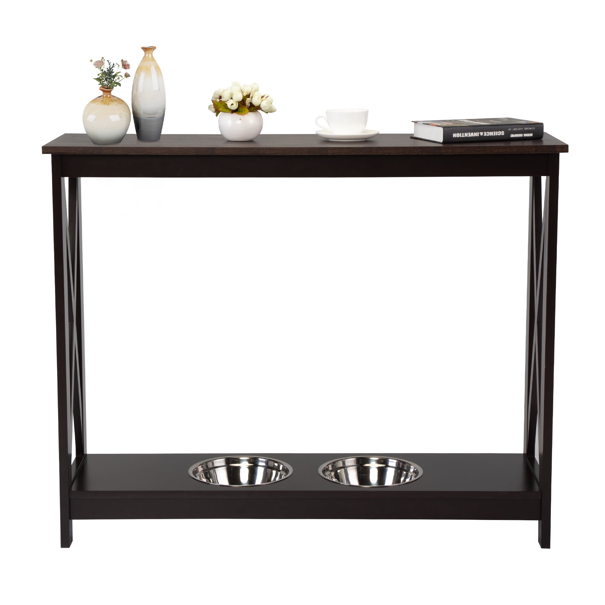 Private Jungle Console Table Hallway Stand, Narrow Sofa Side Table with Pet Feeding Station (Black) Private Jungle Console Table Hallway Stand, Narrow Sofa Side Table with Pet Feeding Station (Black)