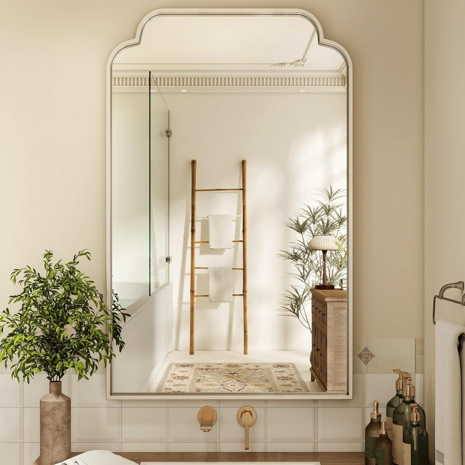Puremirror 40"x30" Arched Bathroom Mirror Bedroom Vanity Mirror with Deep Frame, Silver