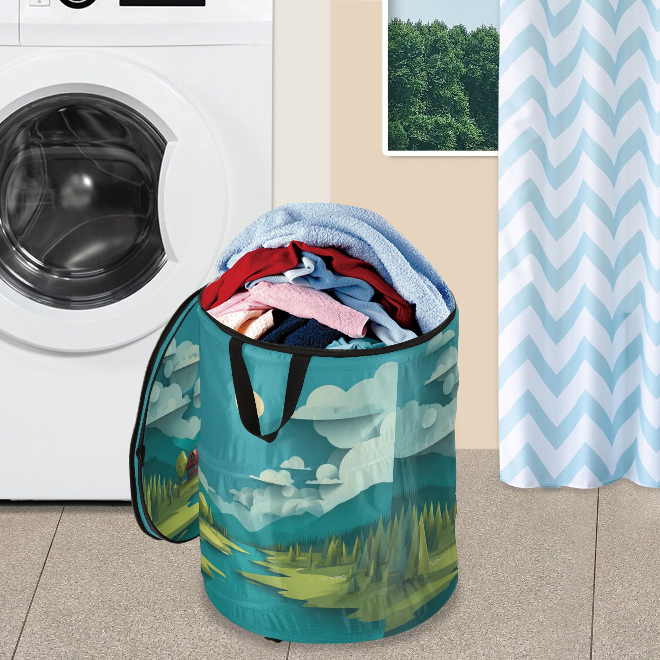 50L Extra Large Popup Hamper Collapsible Laundry Basket With Zippered Lid 15.7x18.5in A Landscape