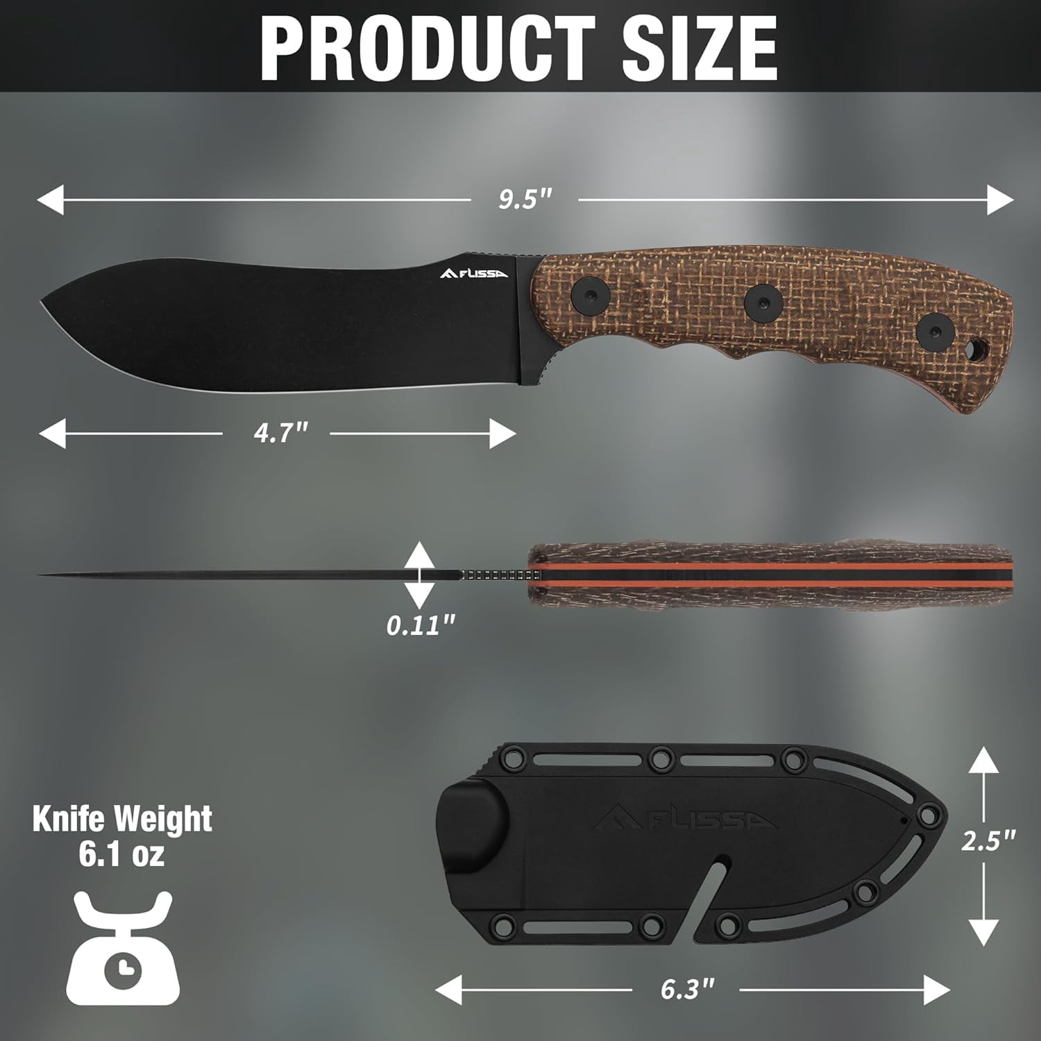 FLISSA Fixed Blade Knife with Sheath, 4.7" Full Tang Hunting Kukri Knife with 14C28N Steel Blade, G10 and Linen Handle, Rope Cutter for EDC Outdoor Hiking, Survival, Camping