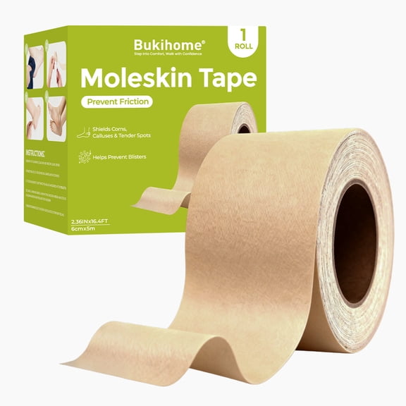 Bukihome Moleskin Blister Prevention Tape 2in x 16ft Adhesive Flannel Roll for Heel Protection,1 Roll
