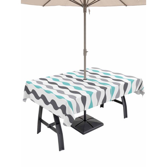 Outdoor Tablecloth with Umbrella Hole for Patio/Picnic/Party/Camping, Teal Grey Striped Waterproof Table Cloth Rectangle Table Cover Washable, Modern Abstract Geometric Stripes (54"x 80")