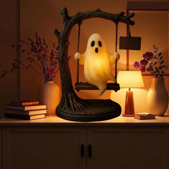 Light Up Spooky Cute Ghost Halloween Decorations, Glowing Swing Figurine on Creepy Tree, Fall Tiered Tray Mantel Ornaments