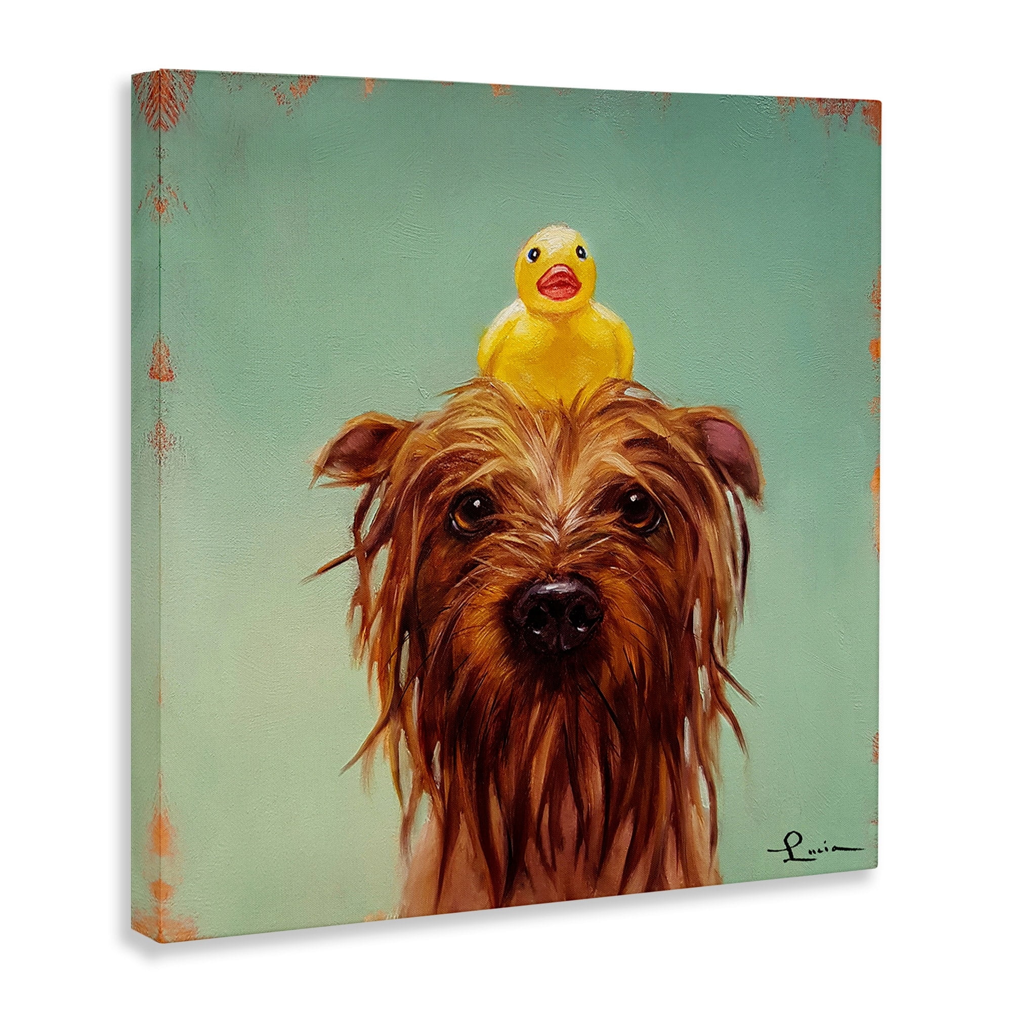 Stupell Industries Wet Dog with a Rubber Ducky Turquoise Bath Painting Animals & Insects Painting Gallery Wrapped Canvas Art Print Wall Art, 24 x 24