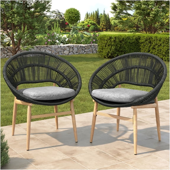 JERFIT 2-Pack Outdoor Dining Chairs with Cushions, Gray PE Rattan Papasan Patio Chairs for Garden, Porch, Balcony