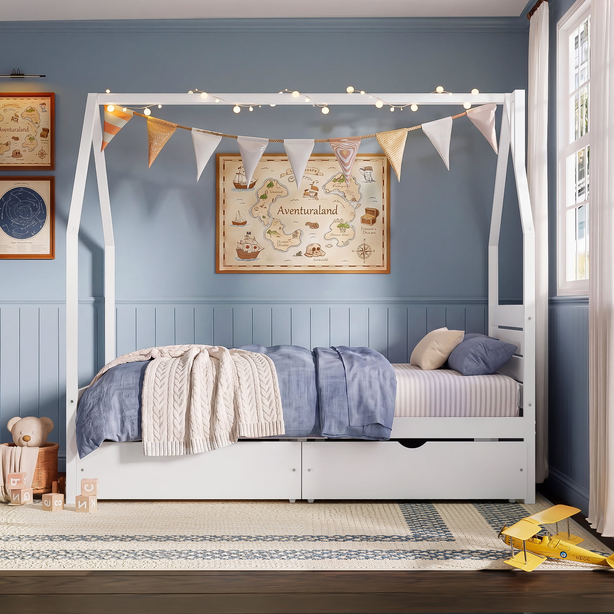 Mintazer Full Kids House Canopy Platform Bed with 2 Storage Drawers, Montessori Bed with Headboard for Bedroom, White
