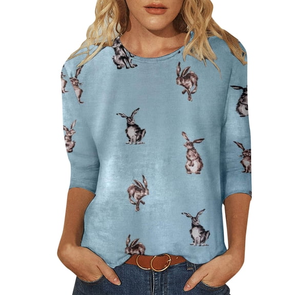 Laipiong Happy Easter T Shirts for Women 2026 Novelty Rabbit Graphic Round Neck 3/4 Sleeve Tee Tops Holiday Family Match Gifts Classic Fit Tees