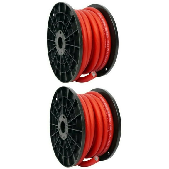 2 Bullz Audio 1/0-gauge 50 Ft<br/>1/0-gauge 50 Ft feet power ground wire cables Xtream twisted audio red