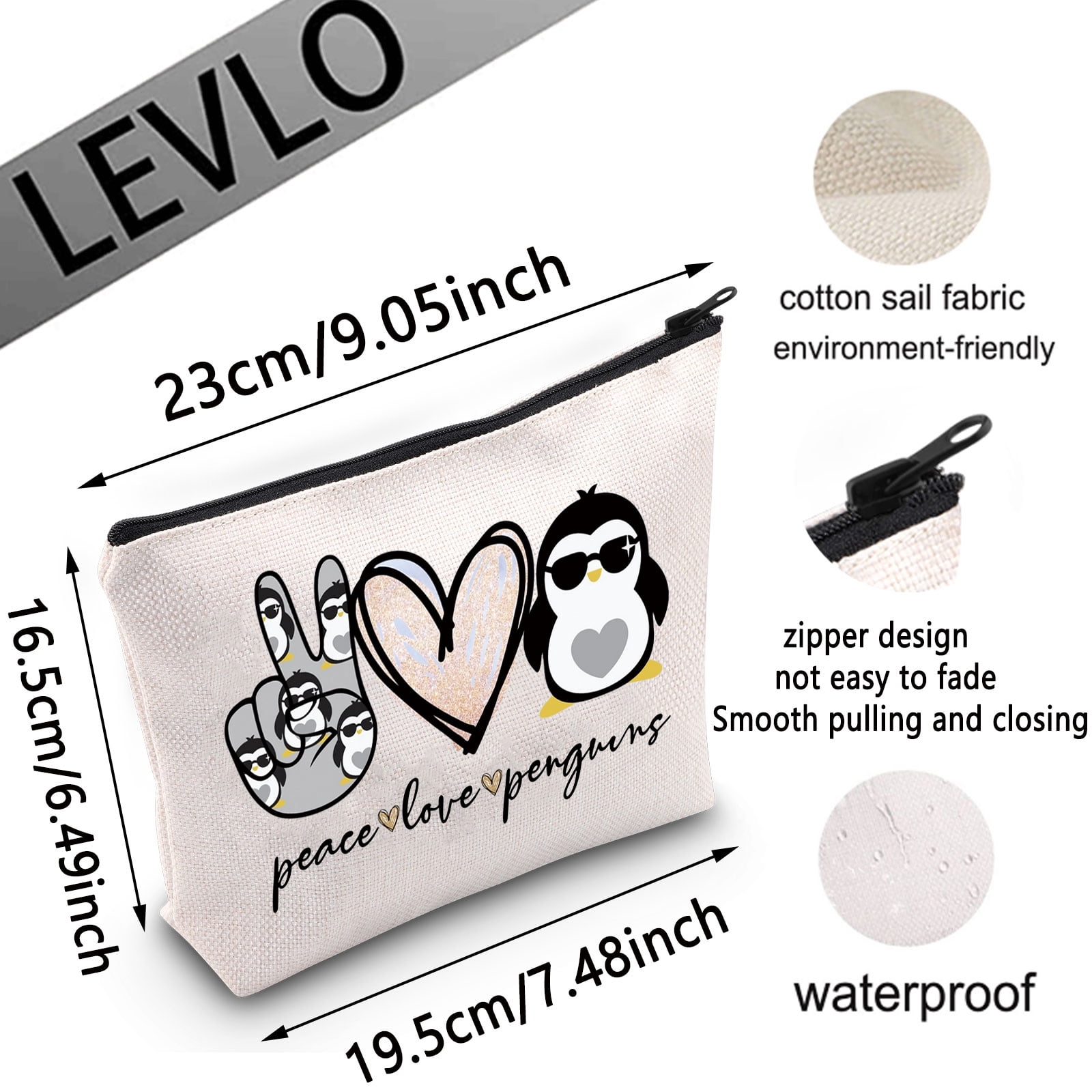 LEVLO Peace Love Penguins Kosmetiktasche – Lustige Pinguin-Make-up-Tasche Aus Baumwoll-Leinen, 23x17 Cm, Perfekt Als Geschenk Für Frauen & Mädchen!