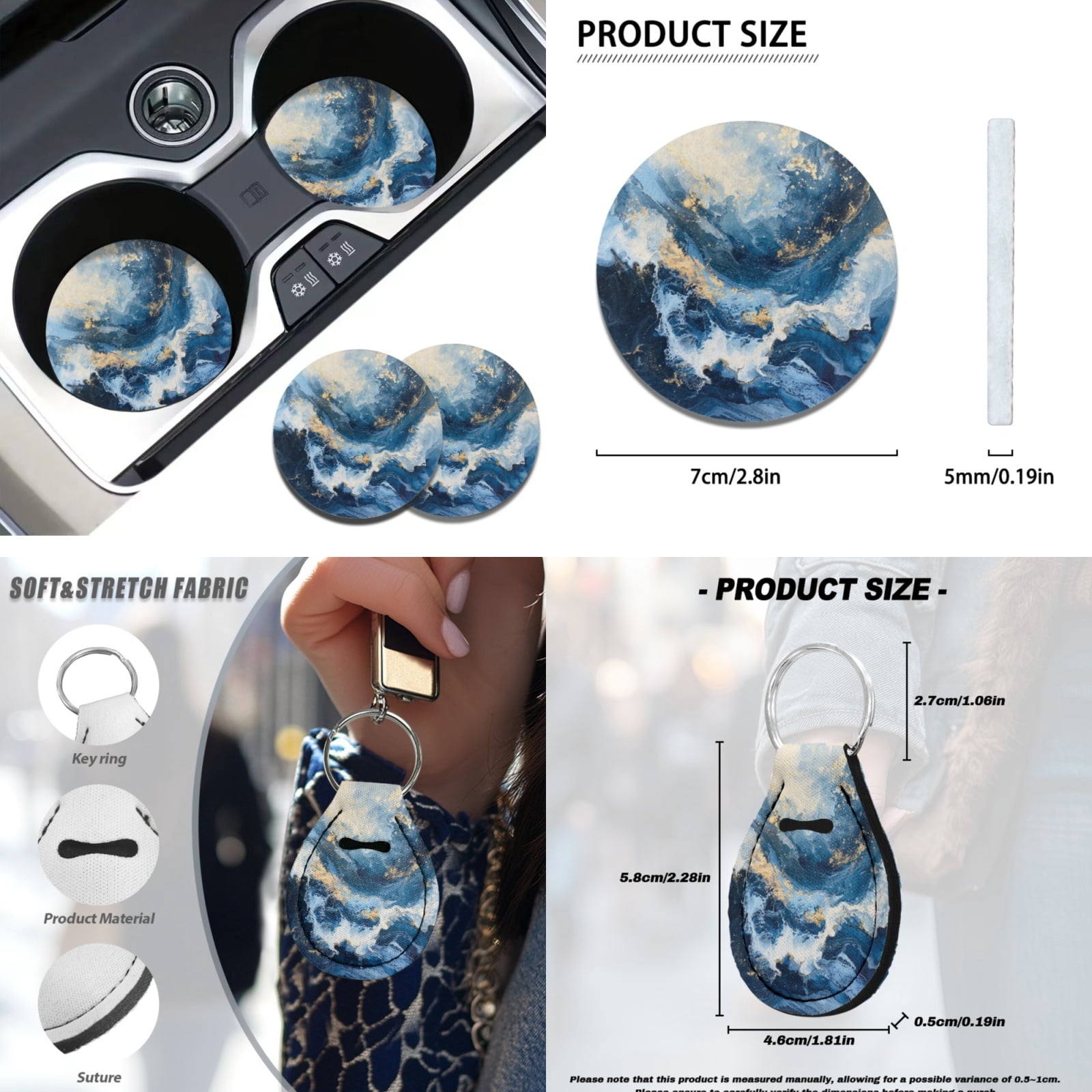 Yuyamidu Blue Marble Print Car Seat Covers Full Set of 12 Universal Front Back Seat Cover and Steering Wheel Cover Seatbelt Strap Pad Cup Holders Keychain