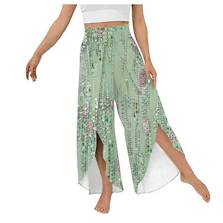 Tuphregyow Women s High Slit Ethnic Flowy Pants Clearance Trendy Wide Leg Stretch Flowy Yoga Pants New Style Hiking High Waist Baggy Wrap Pants Flowers Print Green L