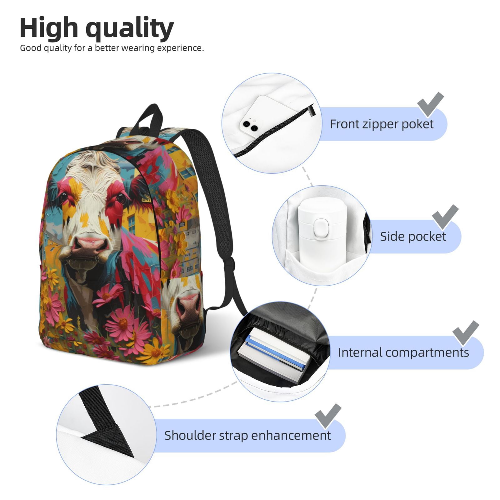 Picia Yellow Daisy Cow Printed Canvas Daypack - Stylish and Durable Vintage Compact Backpack - Class, Work, Travel, or Laptop Bookbag,Organized Compartments-Small