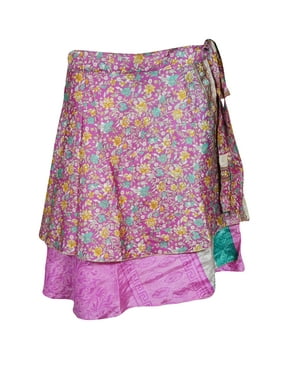 Mogul Women Pink Floral Silk 2 Layer Sari Reversible Beach Mini Printed Wrap Skirts