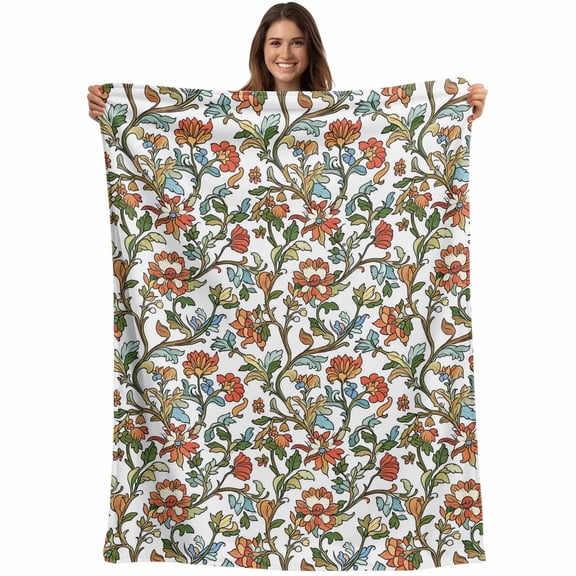 Red Green Floral Blanket Soft Cozy Warm Throw Blanket for Couch, Plush Fuzzy Flannel Fleece Blankets for Sofa, Botanical Watercolor Flower Leaf Plant Bed Blankets Lightweight Gifts for Women, 30"x40"