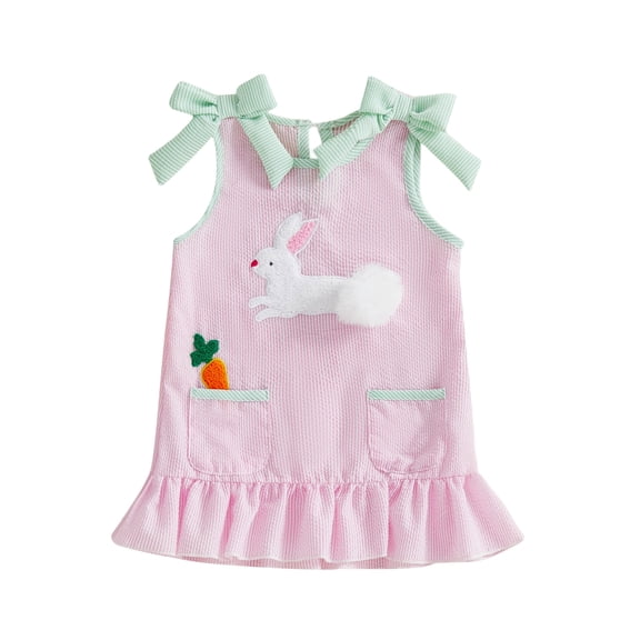 Newborn Infant Baby Girl Easter Dress Sleeveless Bow Bunny Embroidery Stripe Ruffle Dresses With Pocket Summer Clothes 0-3T