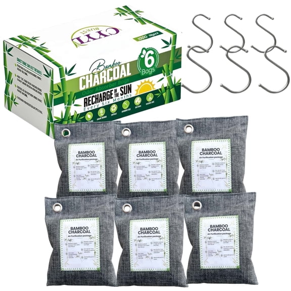 Bamboo Charcoal Air Purifying Bags (6 Pack), 100g Natural Odor Absorber & Moisture Remover with S-Hooks, Activated Charcoal Odor Eliminator for Closet, Car, Shoes, Basement, Pet Areas