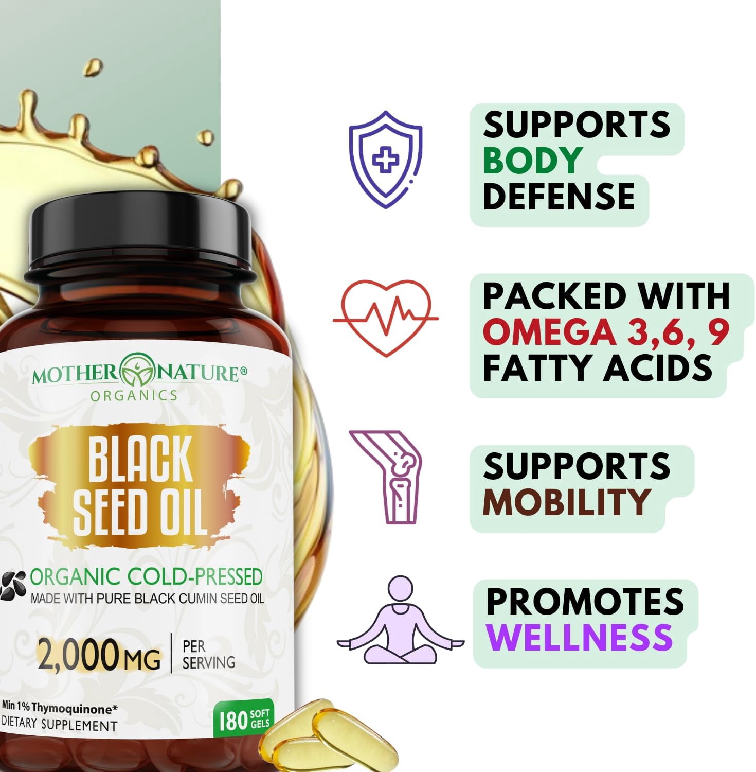 Mother Nature Organics Black Seed Oil Capsules 2000mg – 180 Softgels | Supports Heart, Immune & Digestive Health | Promotes Hair & Nail Strength