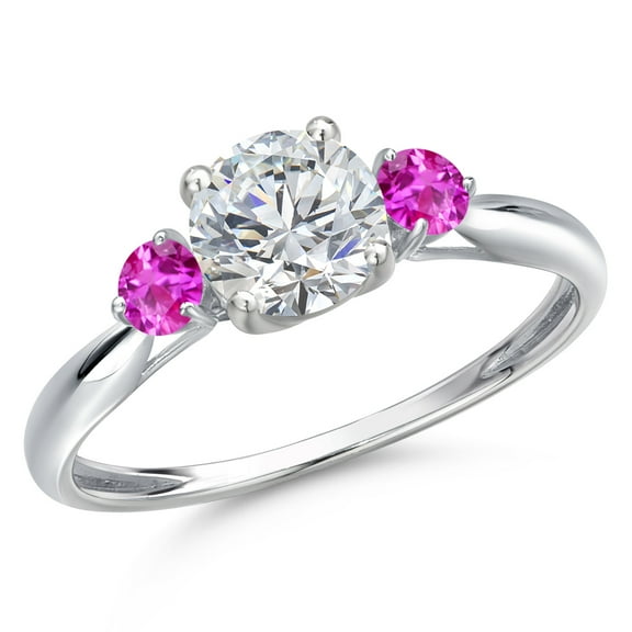 Gem Stone King 10K White Gold Lab Grown Diamond and Pink Sapphire 3-Stone Ring for Women | 1.01 Cttw | Round 6MM | Gemstone April Birthstone | Size 8