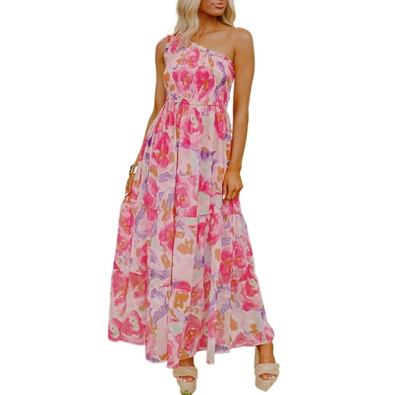 Women's Pink Abstract Floral Print Shirred One Shoulder Maxi Dress for Summer | [ZhiHiMeRi] | (US 12-14)L