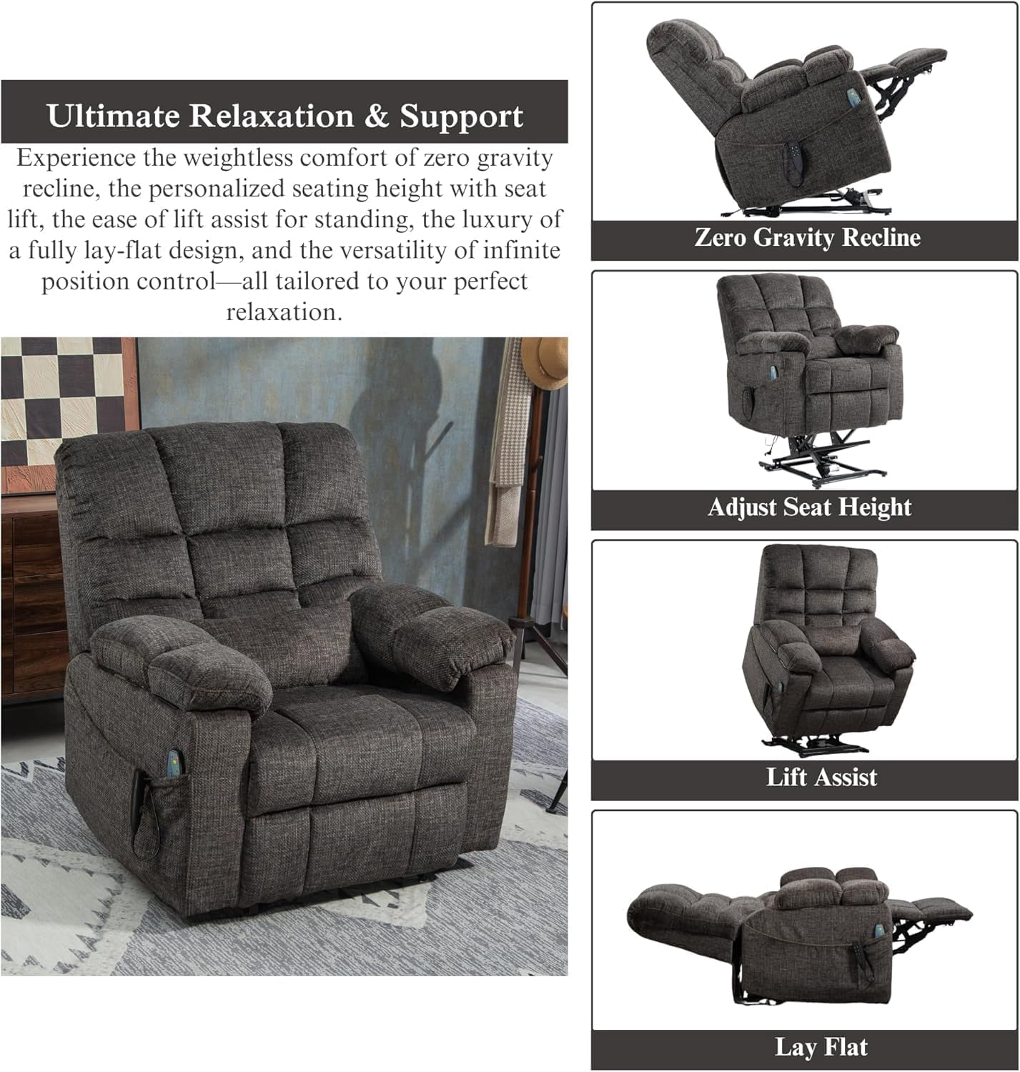 Oversized Power Lift Recliner Big Man 400lbs, Extra Wide Recliner Chair with Lifts Vertically for Elderly, Features Cup Holder, Heat and Massage, Zero Gravity Lay Flat for Adults