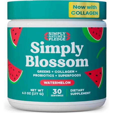 Simply Blossom Nutrition Daily Greens & Superfood Powder + Collagen + Probiotics for Women's Digestive Health & Bloating Relief. Help Your Health Bloom - 30 Day Supply - Watermelon