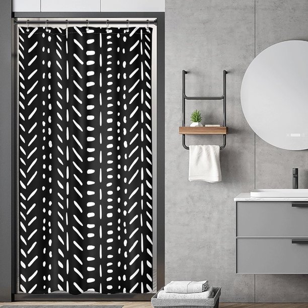 Cortina de ducha pequeña, negra, blanca, estilo bohemio, tamaño medio, para dormitorio, 36 x 72 pulgadas, diseño geométrico de espiga, a rayas, individual, estrecha, pequeña, para baño, de tela,