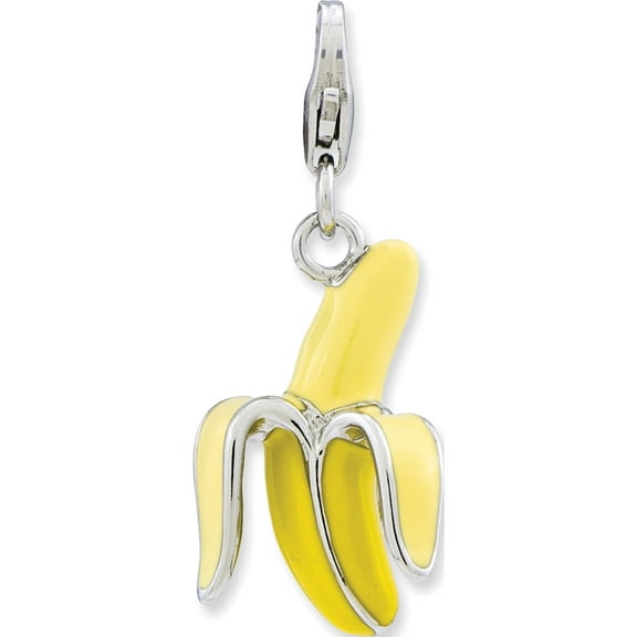 925 Sterling Silver Enameled 3-D Peeled Banana w/Lobster Clasp (12x40mm) Pendant / Charm