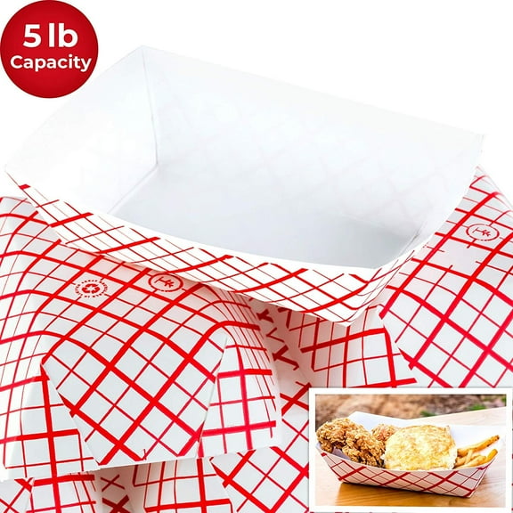 Avant Grub 5 lb Capacity Heavy Duty, Grease Resistant Rectangle Paper Food Trays, White and Red 50 Pack.