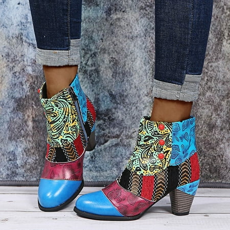 

Ankle Boots Fashion Women s Shoes Breathable Chunky High Heels Retro Zipper Short Boots