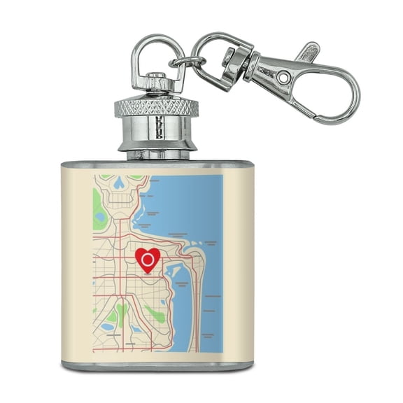 You Are Here Heart Map Skeleton Stainless Steel 1oz Mini Flask Key Chain