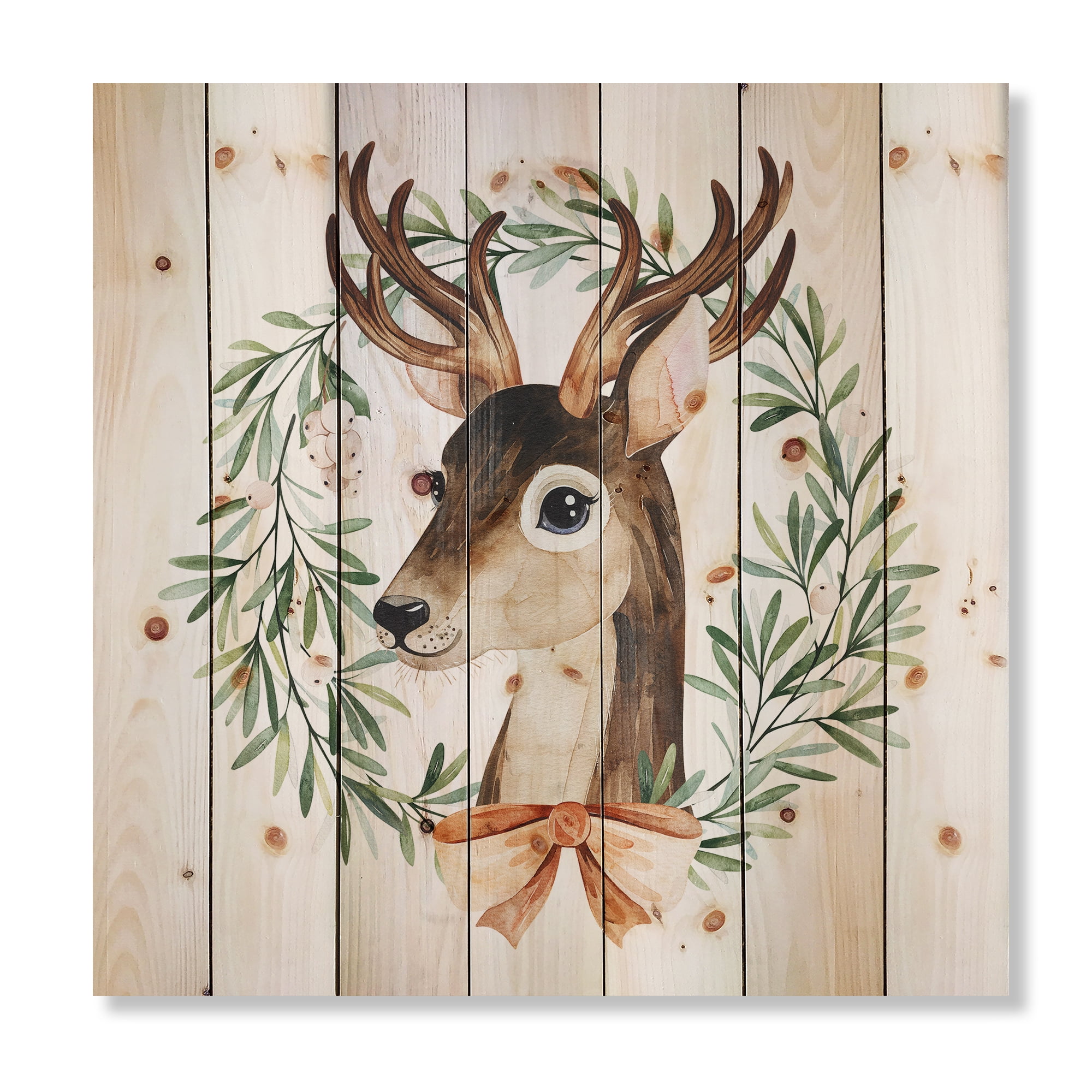 Designart 'Floral Wreath Isolated On White Over Deer' Farmhouse Print on Natural Pine Wood