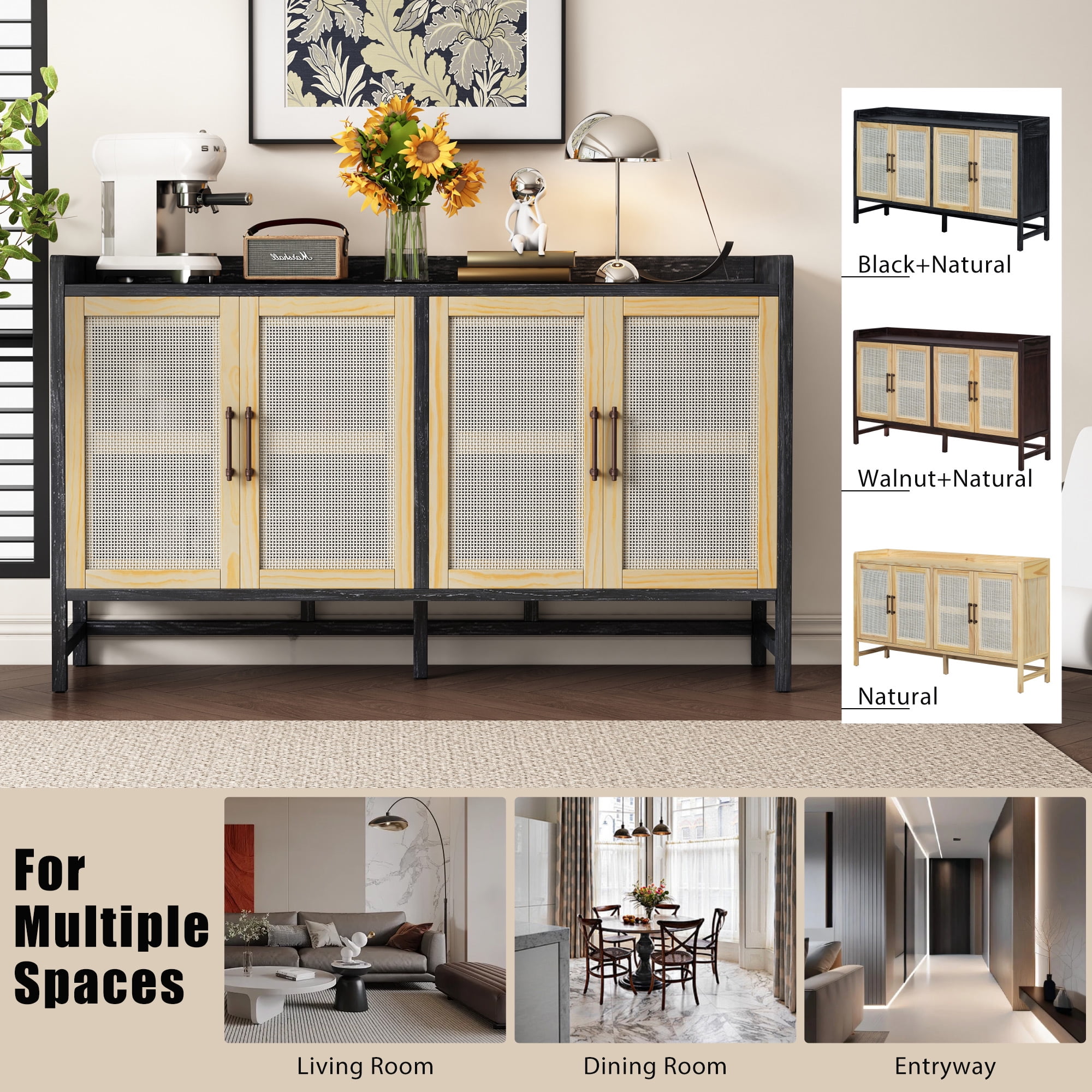 MAYEERTY Rustic Sideboard Cabinet with Rattan Doors, Buffet Cabinet with Storage for Dining Room & Living Room, Black+Natural