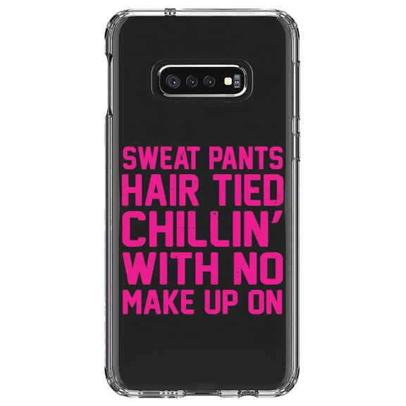 DistinctInk Clear Shockproof Hybrid Case for Samsung Galaxy S10e (5.8" Screen) - TPU Bumper Acrylic Back Tempered Glass Screen Protector - Sweat Pants Hair Tied Chillin' With No Make Up On