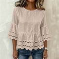 thumbnail image 5 of Lenpel Womens Cotton Linen Tops Fall 3/4 Length Sleeve Crew Neck Peplum Blouses Casual Fashion Hollow out Shirts, 5 of 7