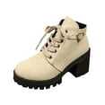 thumbnail image 3 of Ankle Boots for Women Chunky Mid Heel Round Toe Side Zipper Lace-Up Booties Fashion Casual Versatile Warm Fall Winter Comfortable Shoes for Women Beige 9, 3 of 10