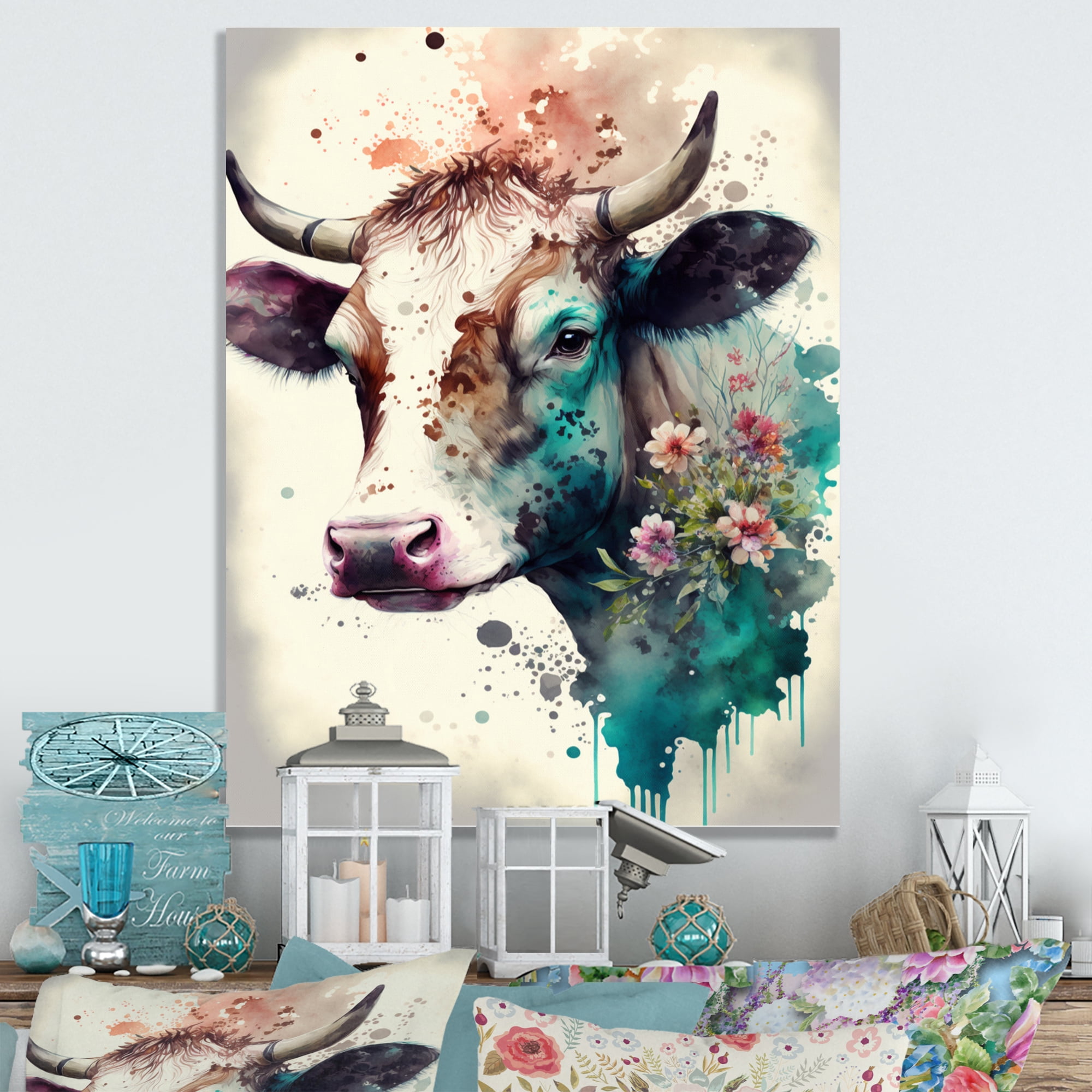 Designart Cute Cow Floral Art I Canvas Wall Art