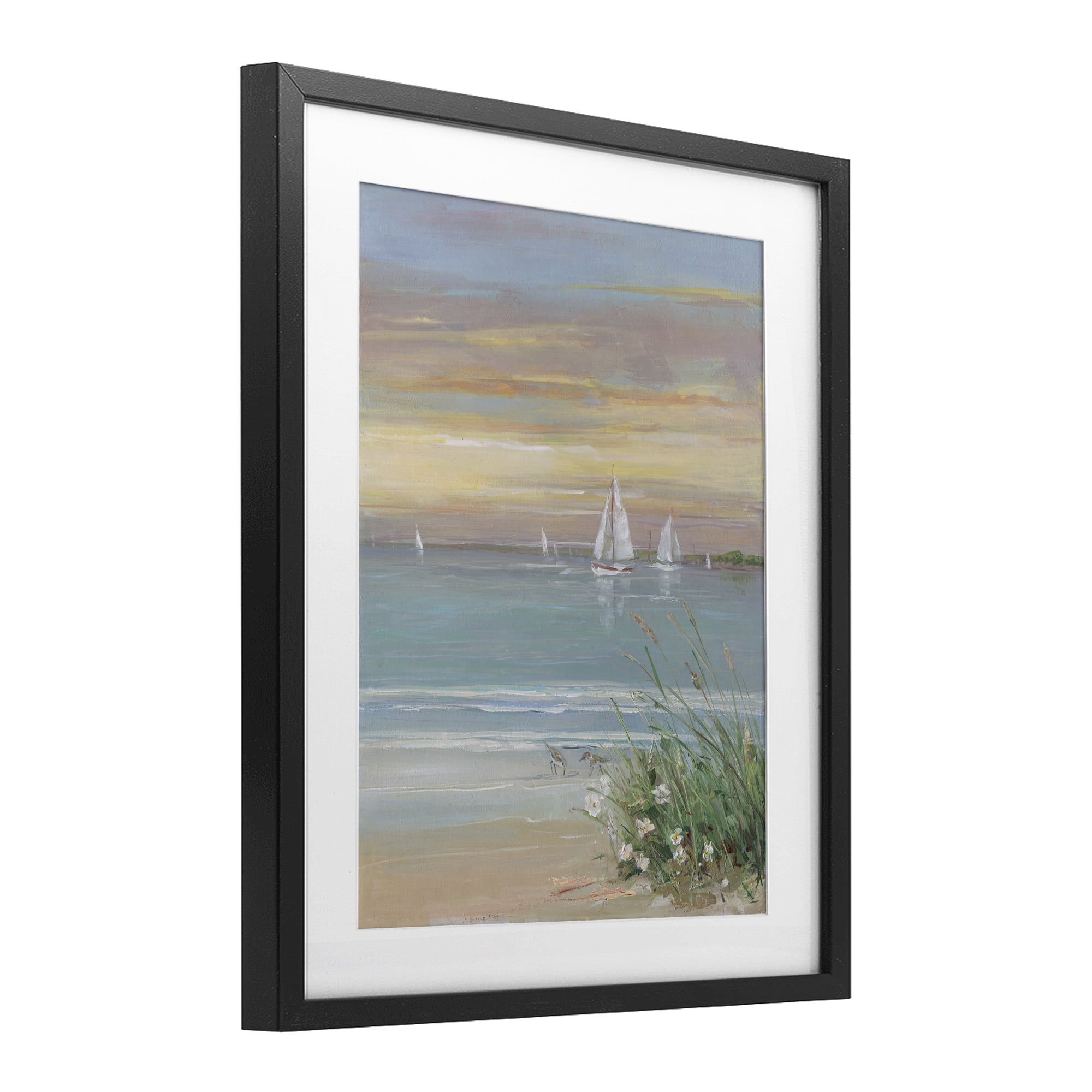 Stupell Industries Sailboats Beyond Sandy Shore Black Framed Print Under Glass, design by Sally Swatland