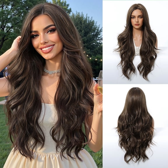 Women's 26 Inch Deep Brown Long Curly Wig - Middle Part, Loose Wave, Full Head Wig for Natural Voluminous Look